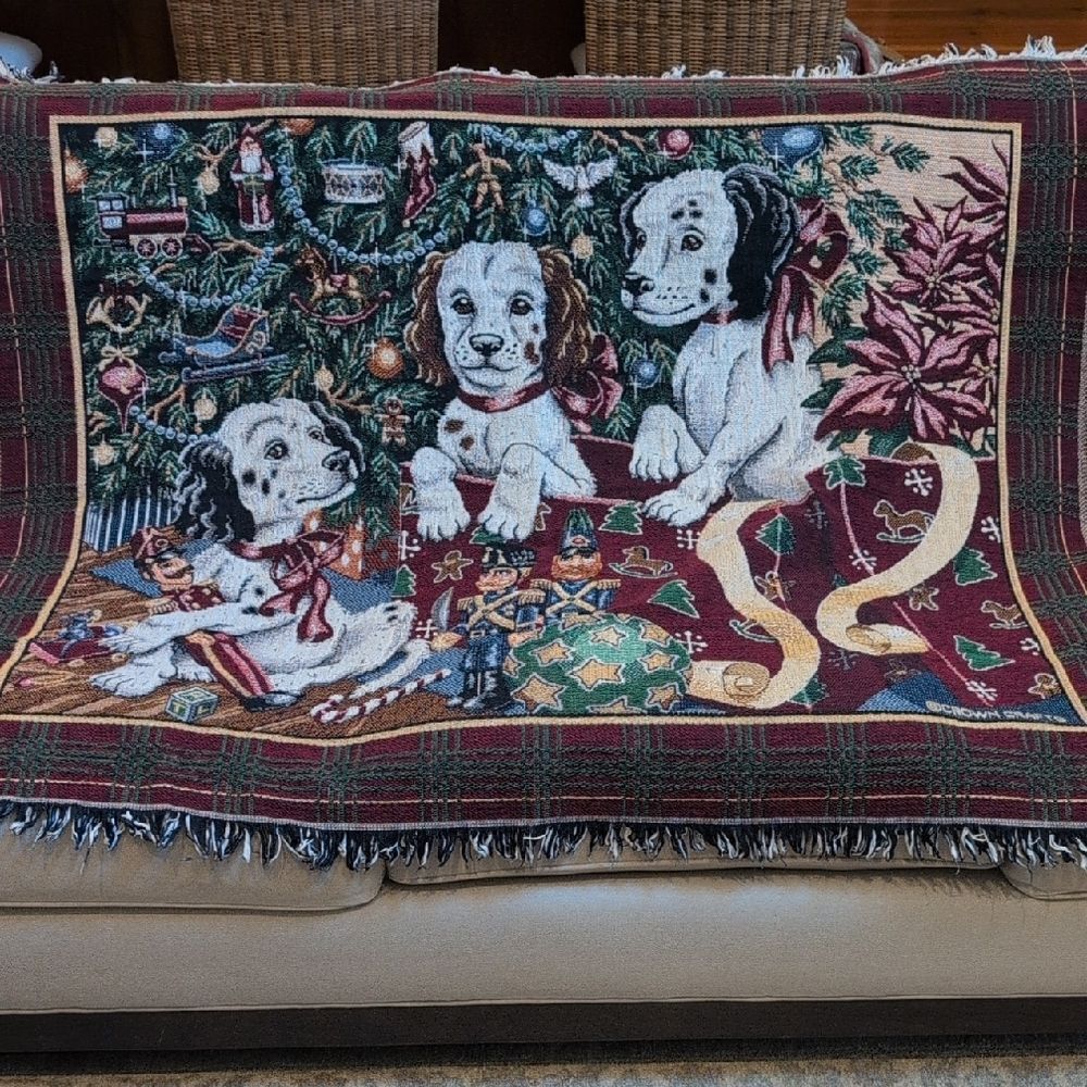 Vintage Crown Craft Dalmatian Puppies Under Christmas Tree Woven Tapestry Throw